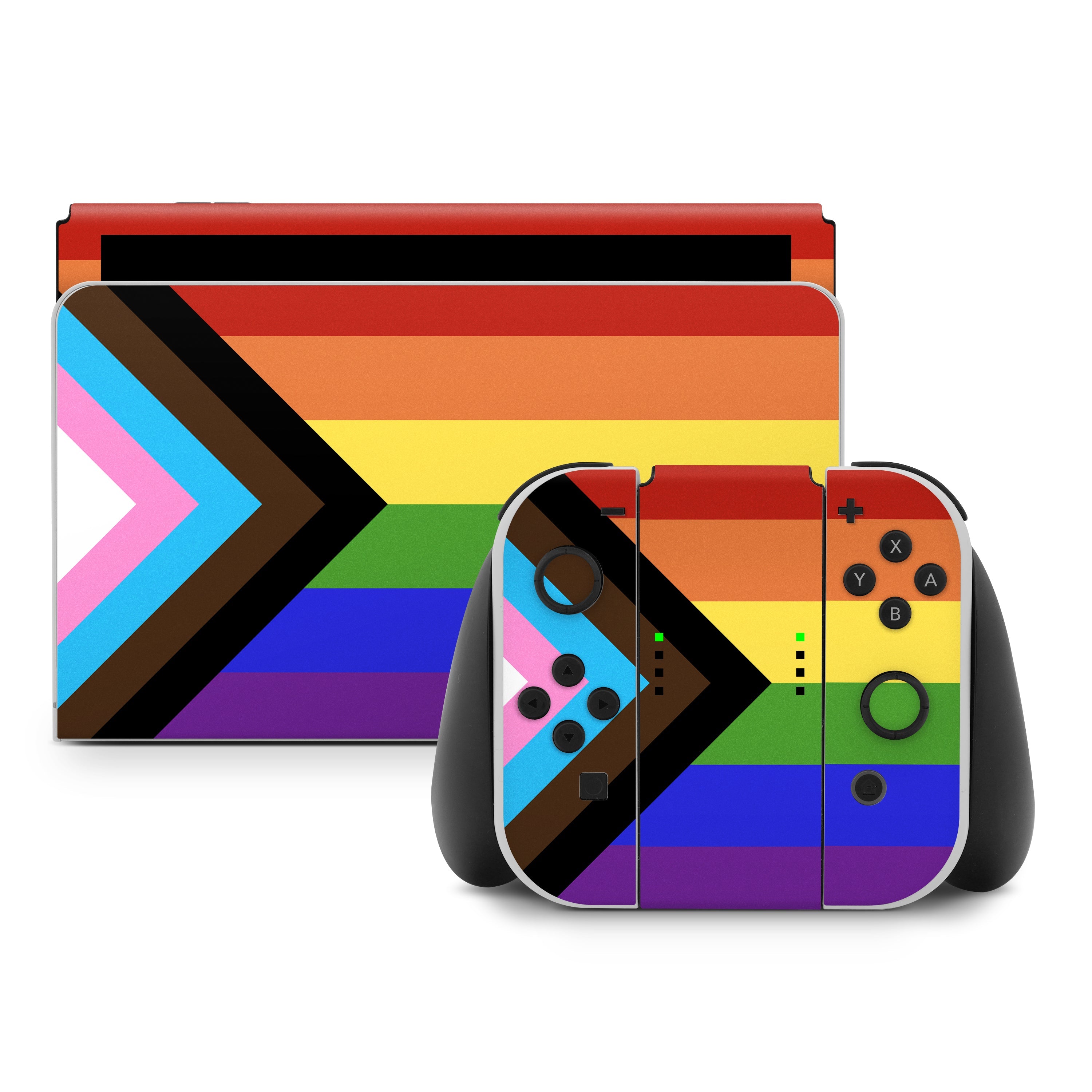 Gaming console and controller with rainbow flag design on a white background