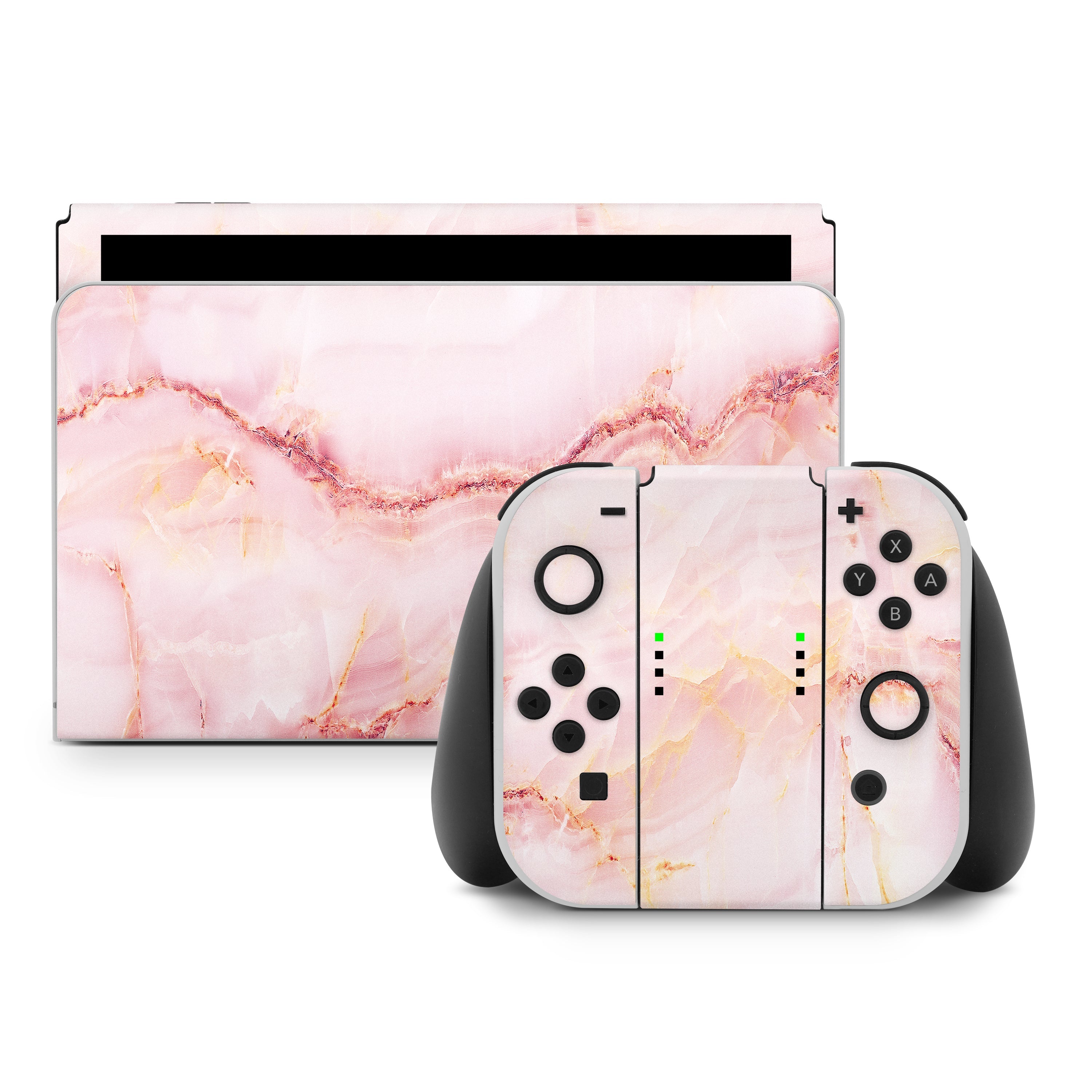 Gaming console and controllers with pink marble design on a white background