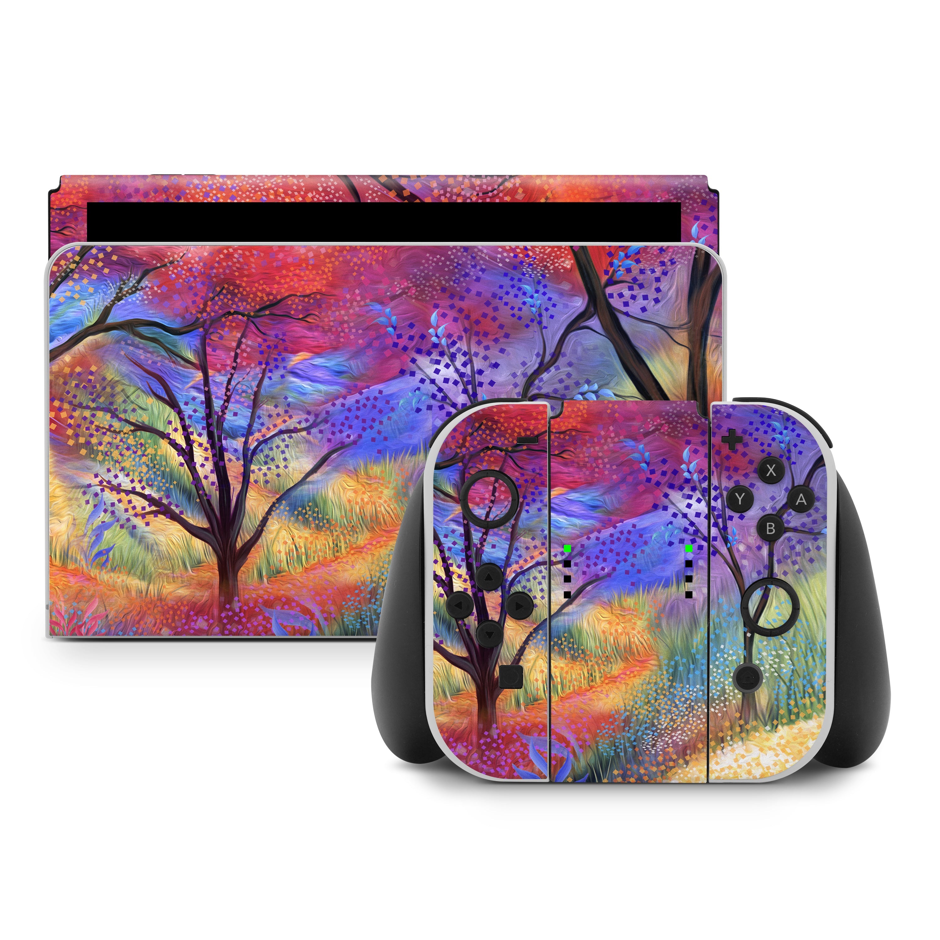 Gaming console with colorful tree design on a white background