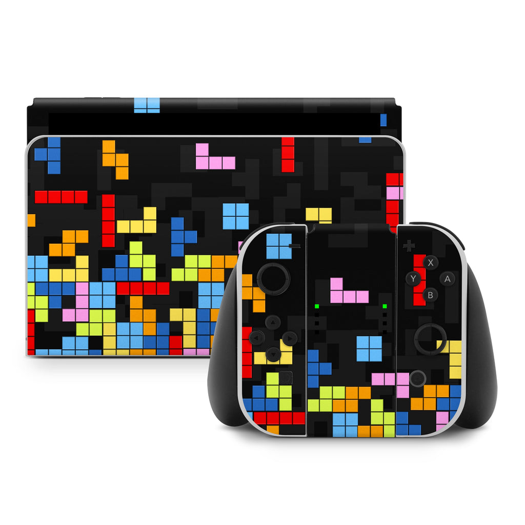 Gaming console with Tetris-style design on screen and controller