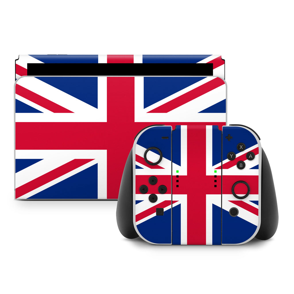 Gaming console and controller with Union Jack design on a white background