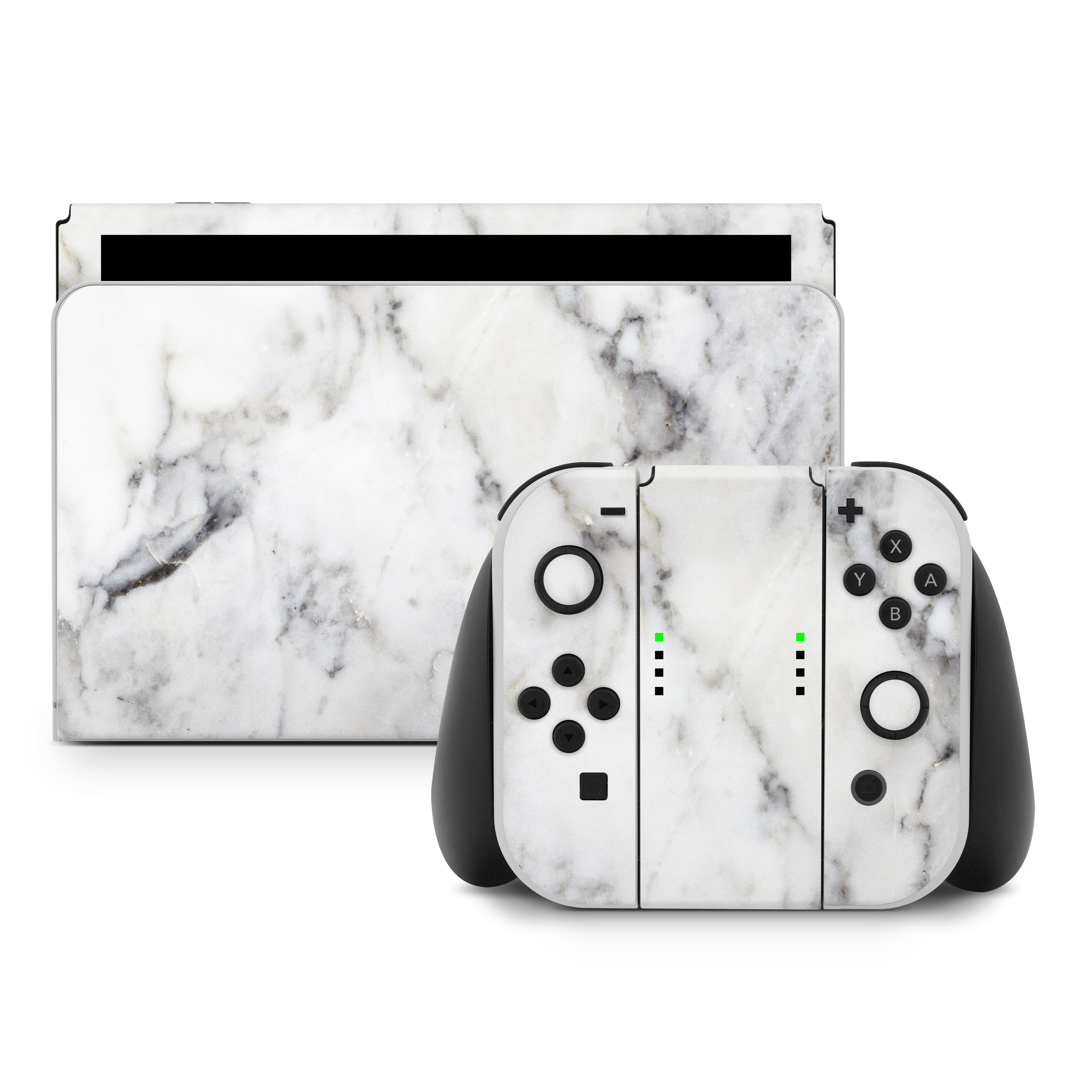 Gaming console and controllers with marble pattern on a white background