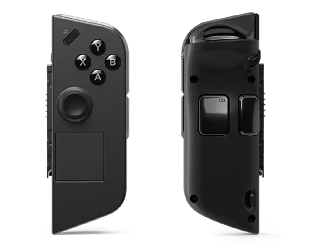 Black gaming controller with joystick and buttons on a white background
