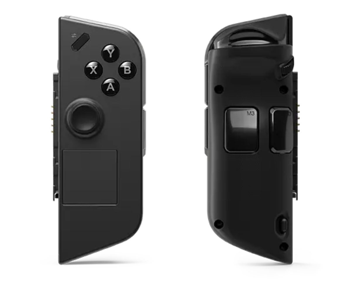 Black gaming controller with joystick and buttons on a white background