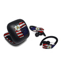 Wireless earbuds with American flag design on a white background