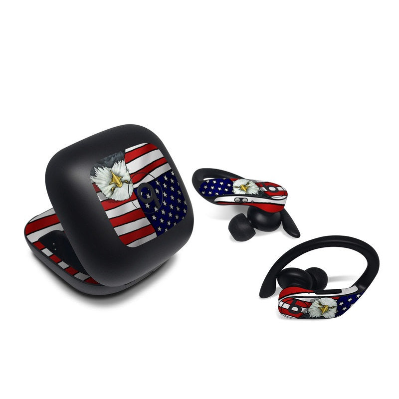 Wireless earbuds with American flag design on a white background