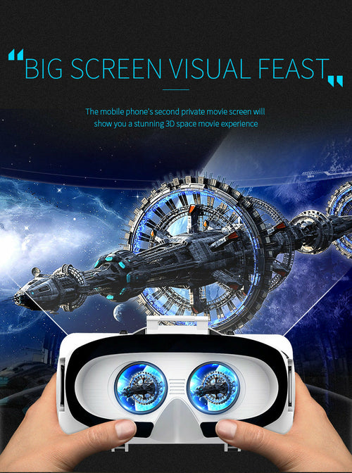 VR headset with space-themed background and text about a 'big screen visual feast'.