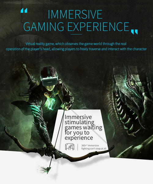 Person wearing a VR headset with text about immersive gaming experience and virtual reality game.