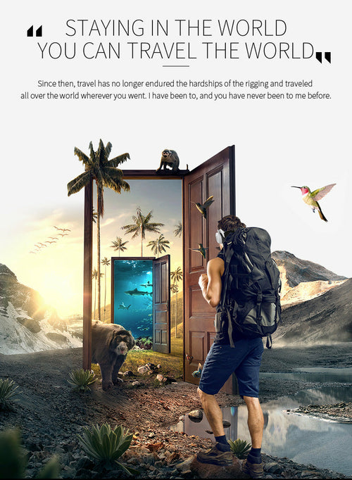 Person with a backpack standing in a desert landscape with an open door leading to a tropical paradise.