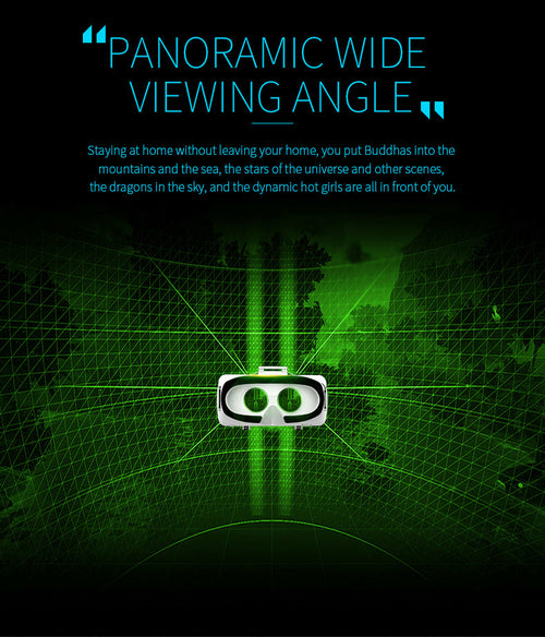 VR headset with panoramic wide viewing angle text on a dark background