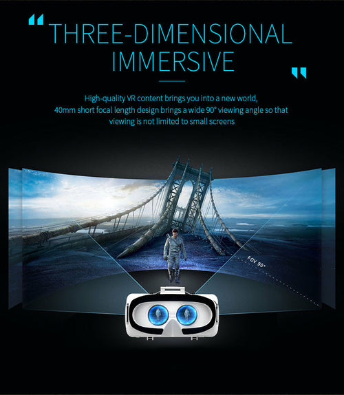 VR headset with a three-dimensional immersive display showing a bridge scene.