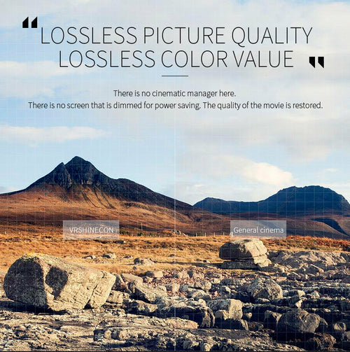 Scenic landscape with mountains and rocks, featuring text about picture quality and color value.