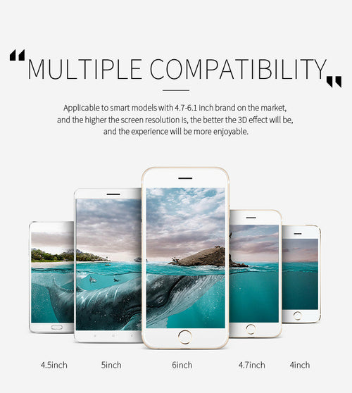 Smartphones with different screen sizes displaying a whale image, with text about compatibility.