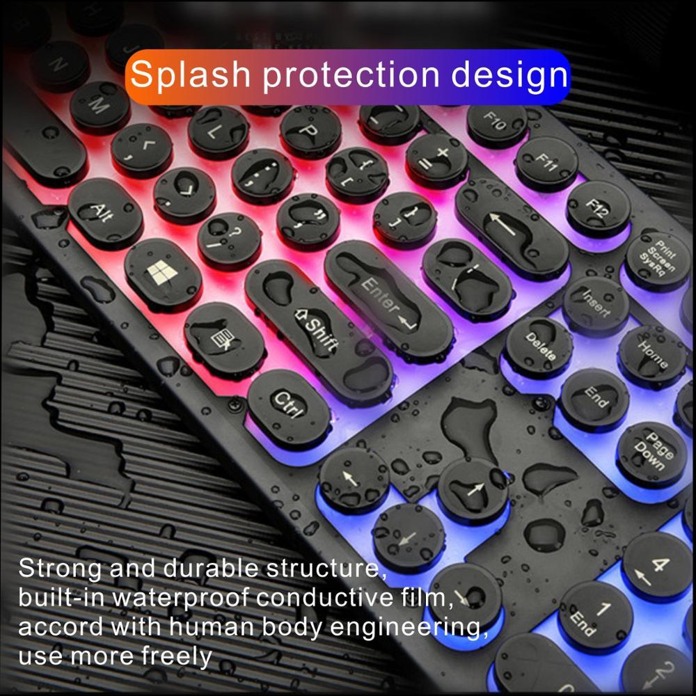 Gaming keyboard with RGB lighting and splash protection design on a black background