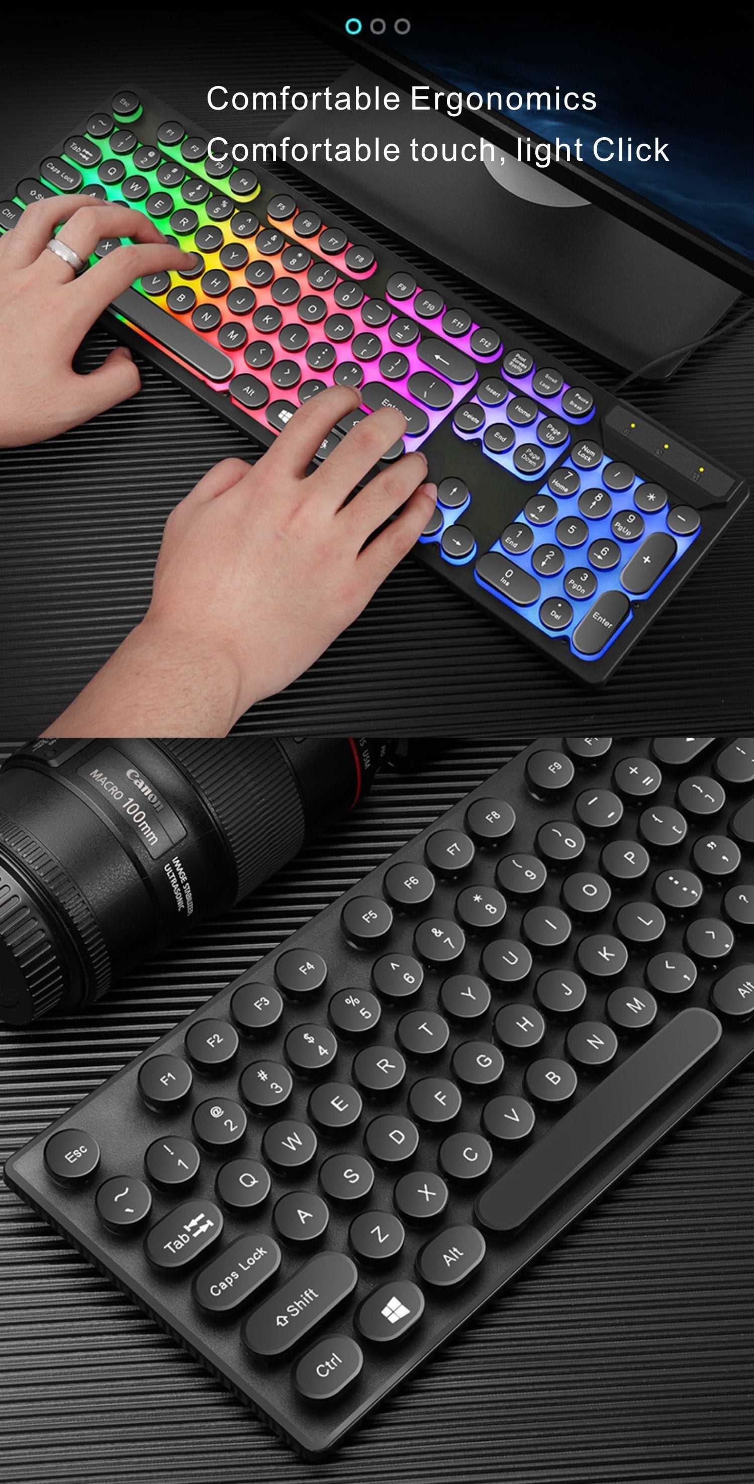 Colorful keyboard with ergonomic design and text on a dark surface