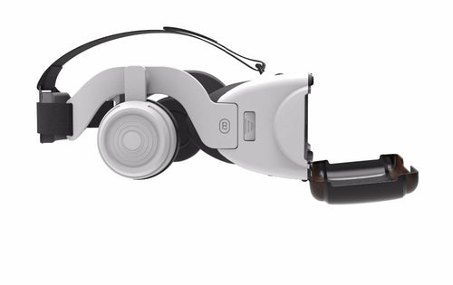 White virtual reality headset with black straps on a white background