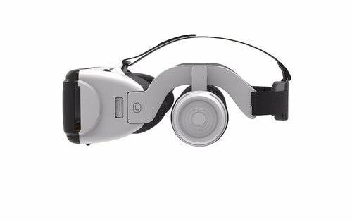 White VR headset with black strap on a white background