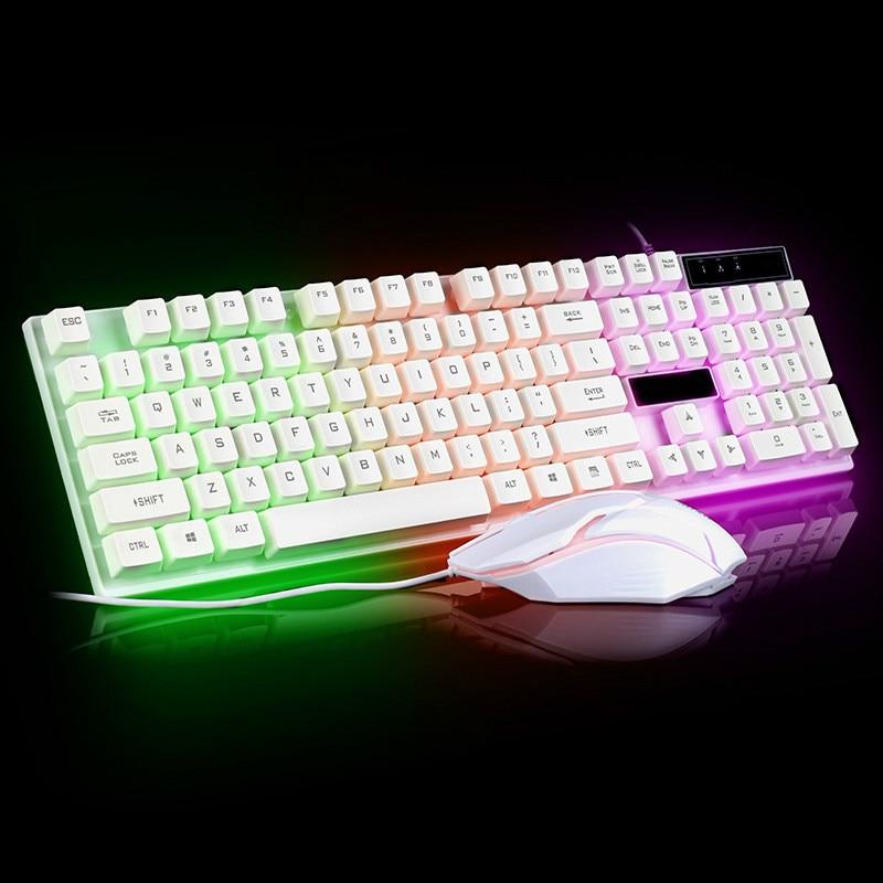 Gaming keyboard and mouse set with RGB lighting on a black background