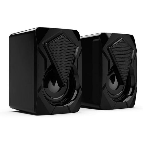 Pair of black computer speakers on a white background
