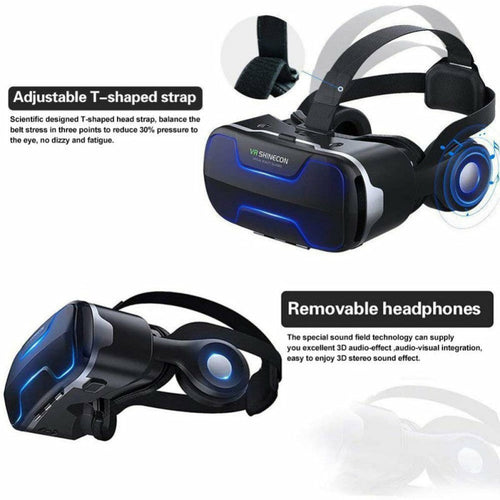 VR headset with adjustable T-shaped strap and removable headphones on a white background