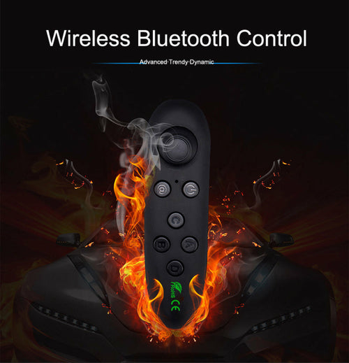 Black remote control with flames and 'Wireless Bluetooth Control' text on a dark background