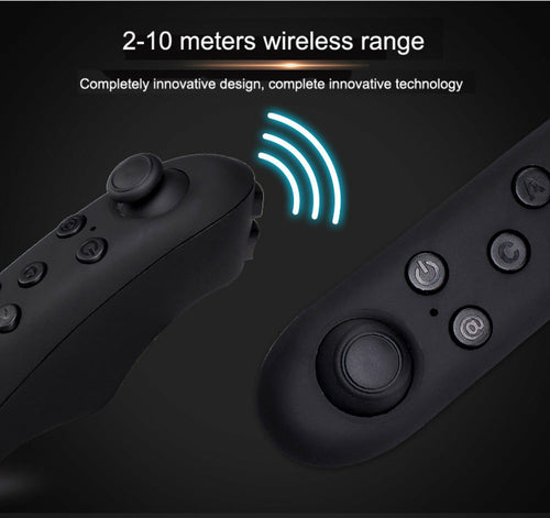 Black gaming controller with wireless range indicator on a dark background