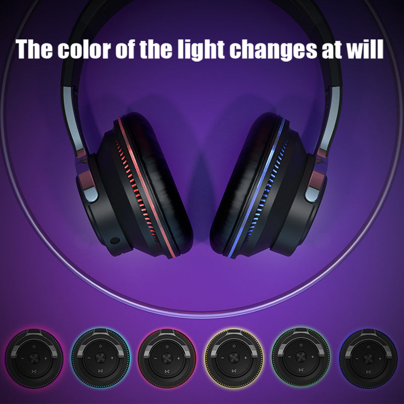 Headphones with color-changing light feature on a purple background