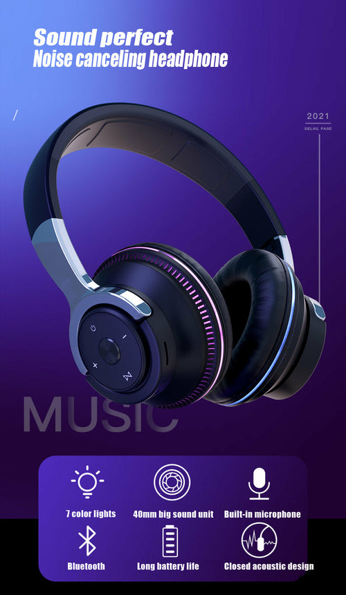 Noise-canceling headphones with features listed on a purple background