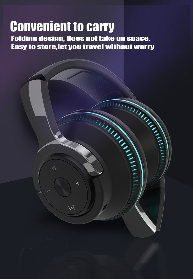 Black and silver headphones with blue accents on a dark background, featuring text about convenience and portability.