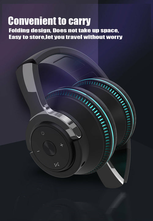 Black and silver headphones with blue accents on a dark background, featuring text about convenience and portability.