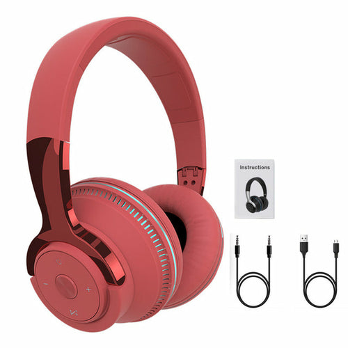 Red headphones with cables and instructions on a white background