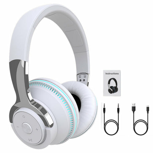 White headphones with USB cable, audio jack cable, and instruction sheet on a white background