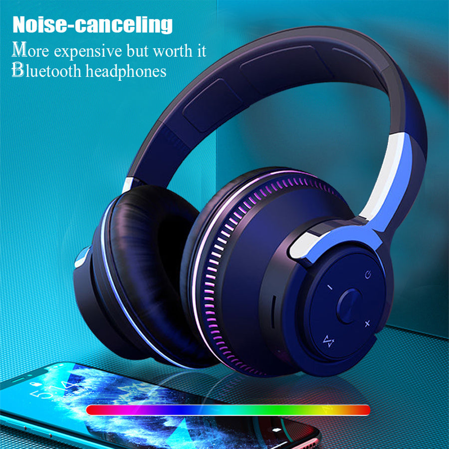 Blue noise-canceling Bluetooth headphones with smartphone on a blue gradient background