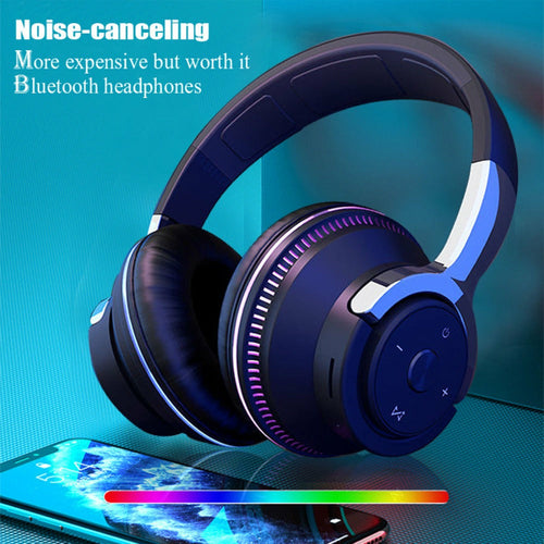 Noise-canceling Bluetooth headphones with a smartphone on a blue gradient background