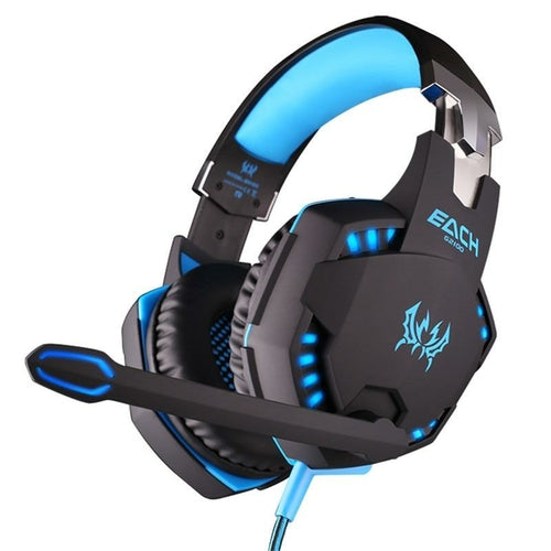 Gaming headset with blue LED lights on a white background
