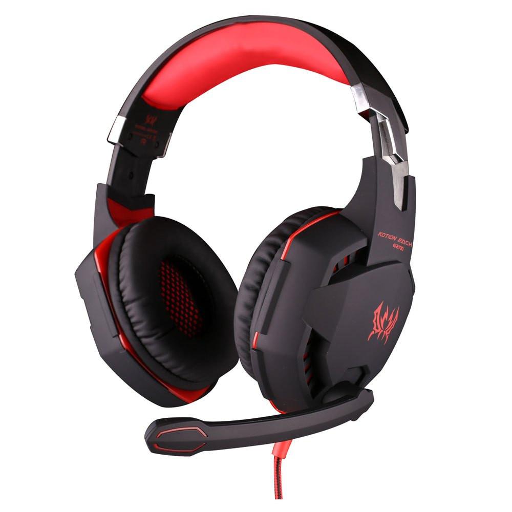 Black and red gaming headset with microphone on a white background