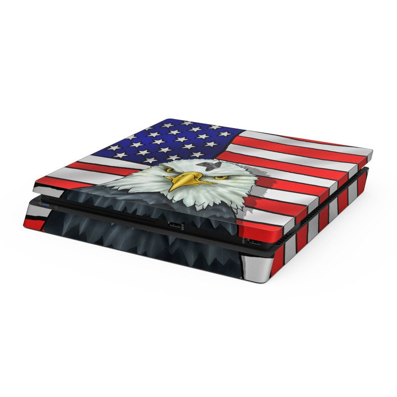 Gaming console skin with American flag and bald eagle design on a white background