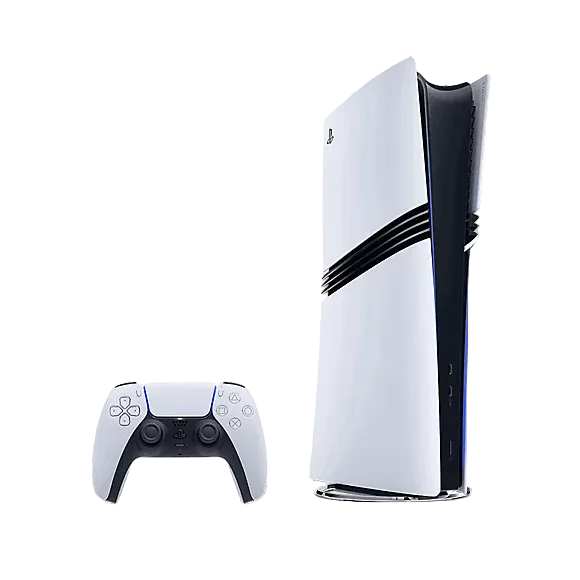 White gaming console with black accents and a matching controller on a white background