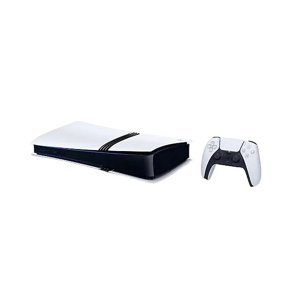 Gaming console and controller on a white background