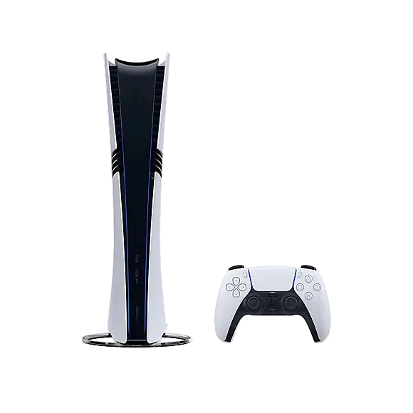 Gaming console and controller on a white background