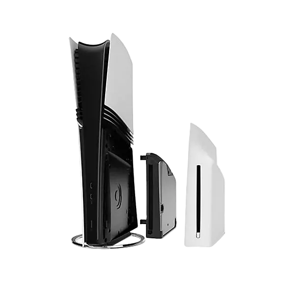 Black gaming console with a white controller on a white background