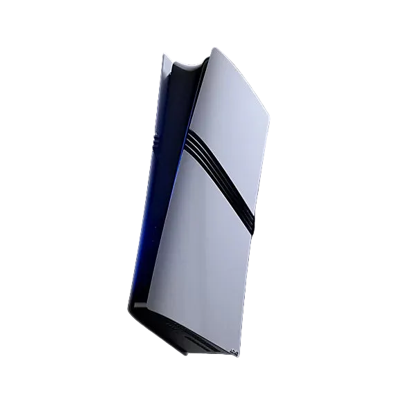 Gaming console with a reflective surface on a black background