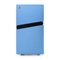 Blue gaming console with black band on a white background