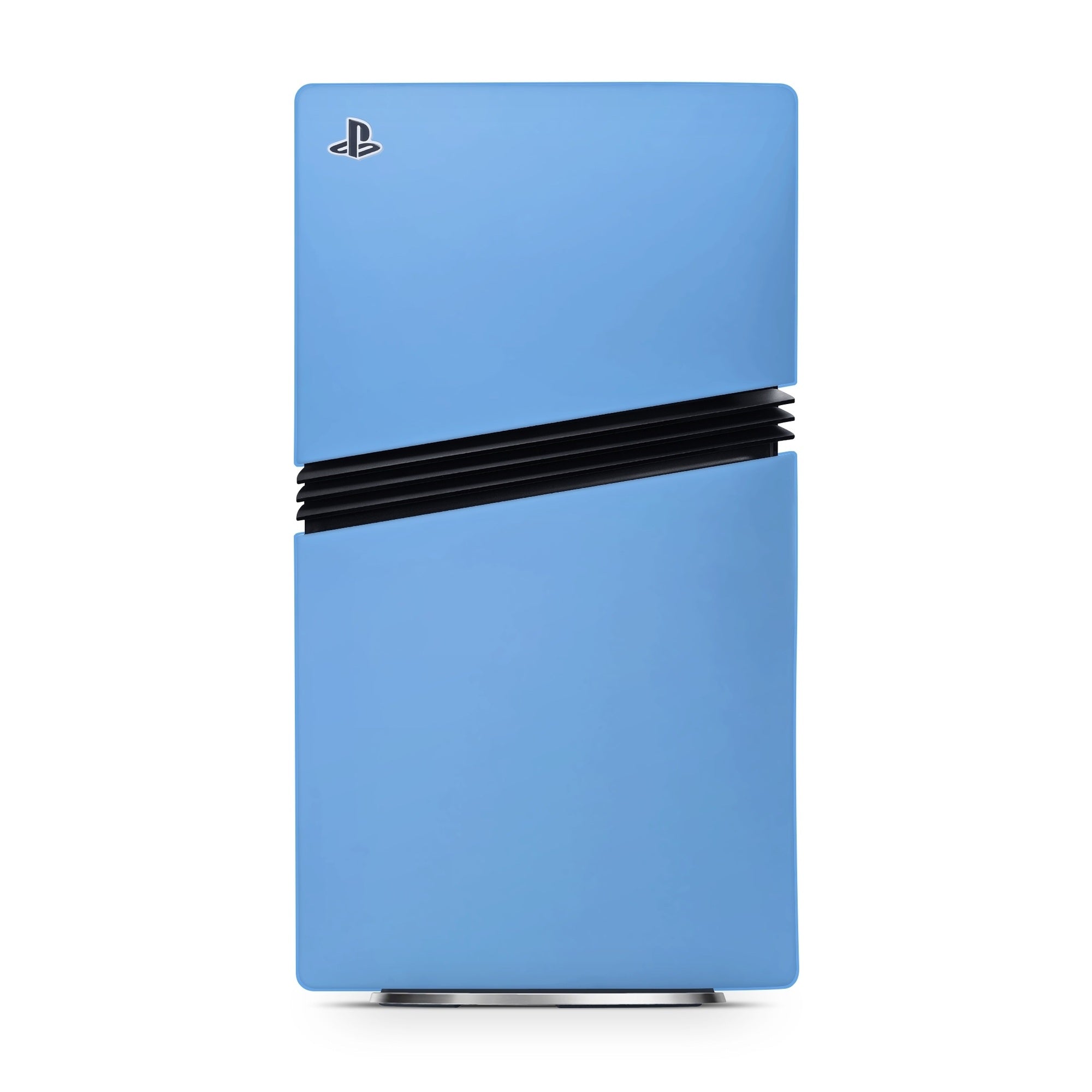 Blue gaming console with black band on a white background