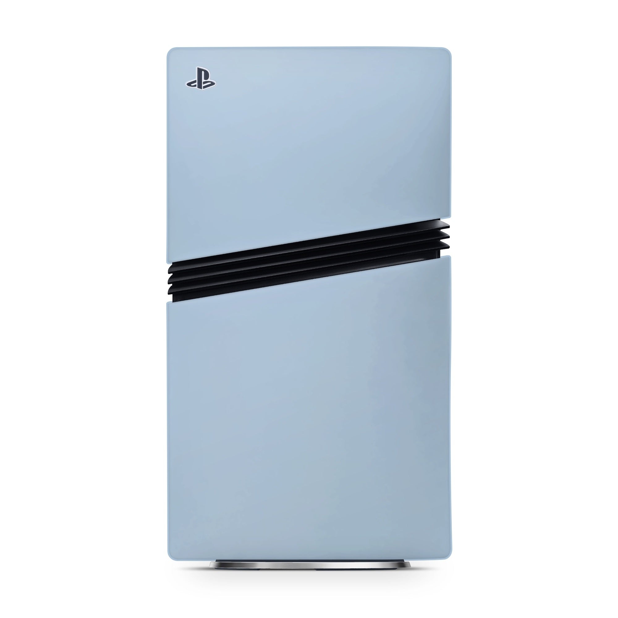 Light blue gaming console with black band on a white background