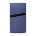 Blue gaming console with a black band on a white background
