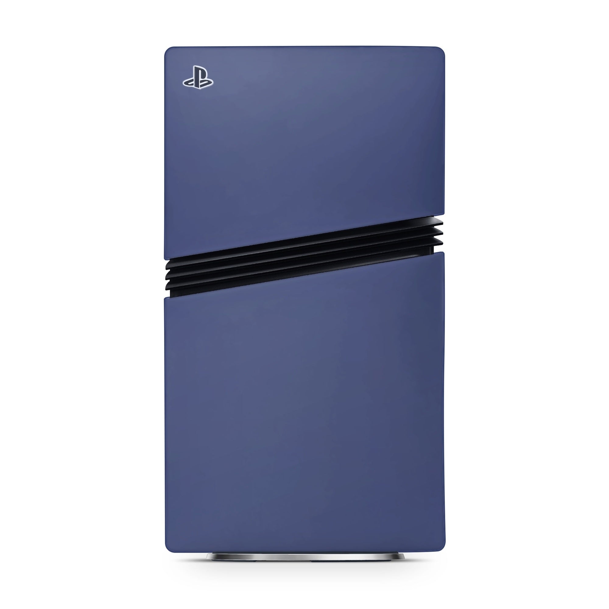 Blue gaming console with a black band on a white background