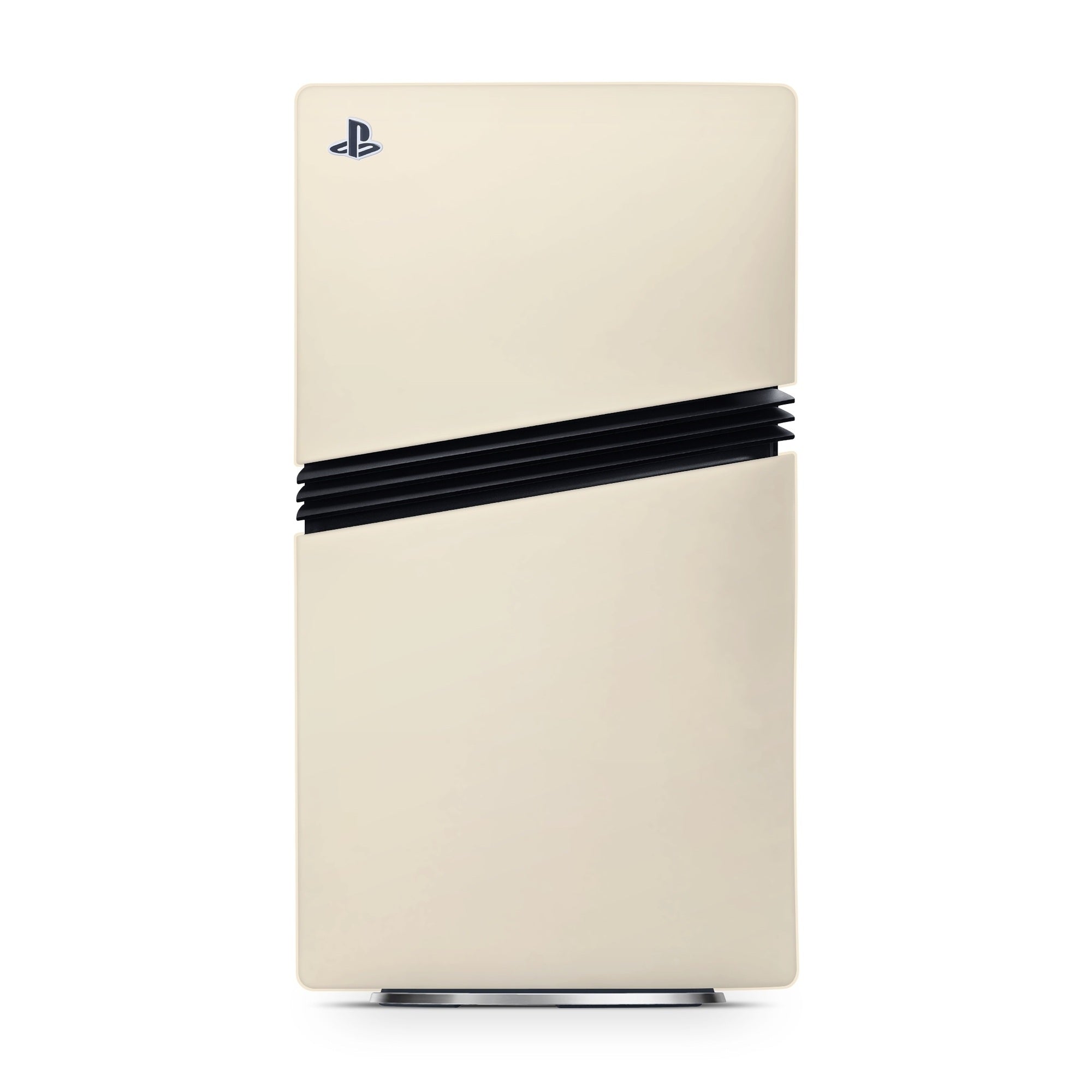 Beige gaming console with black accents on a white background