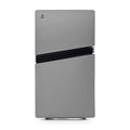 Gray electronic device with a black band and PlayStation logo on a white background