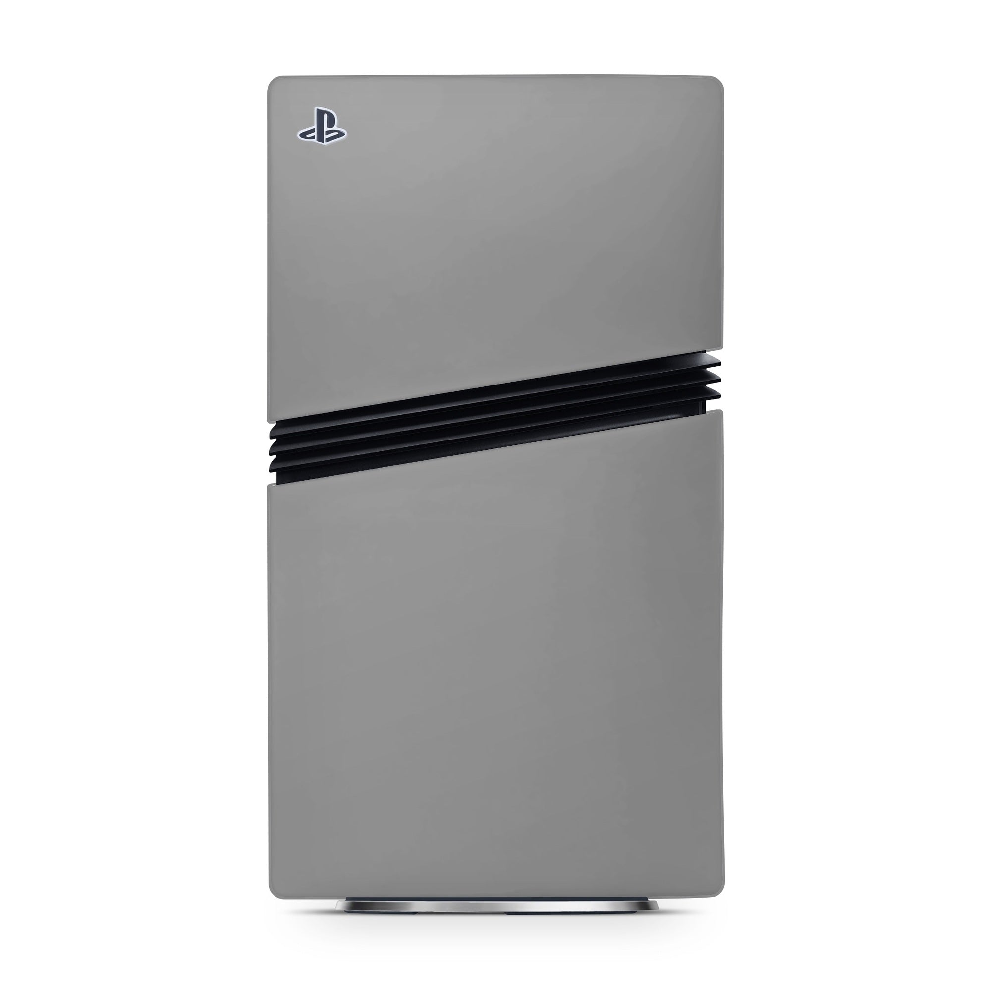 Gray electronic device with a black band and PlayStation logo on a white background